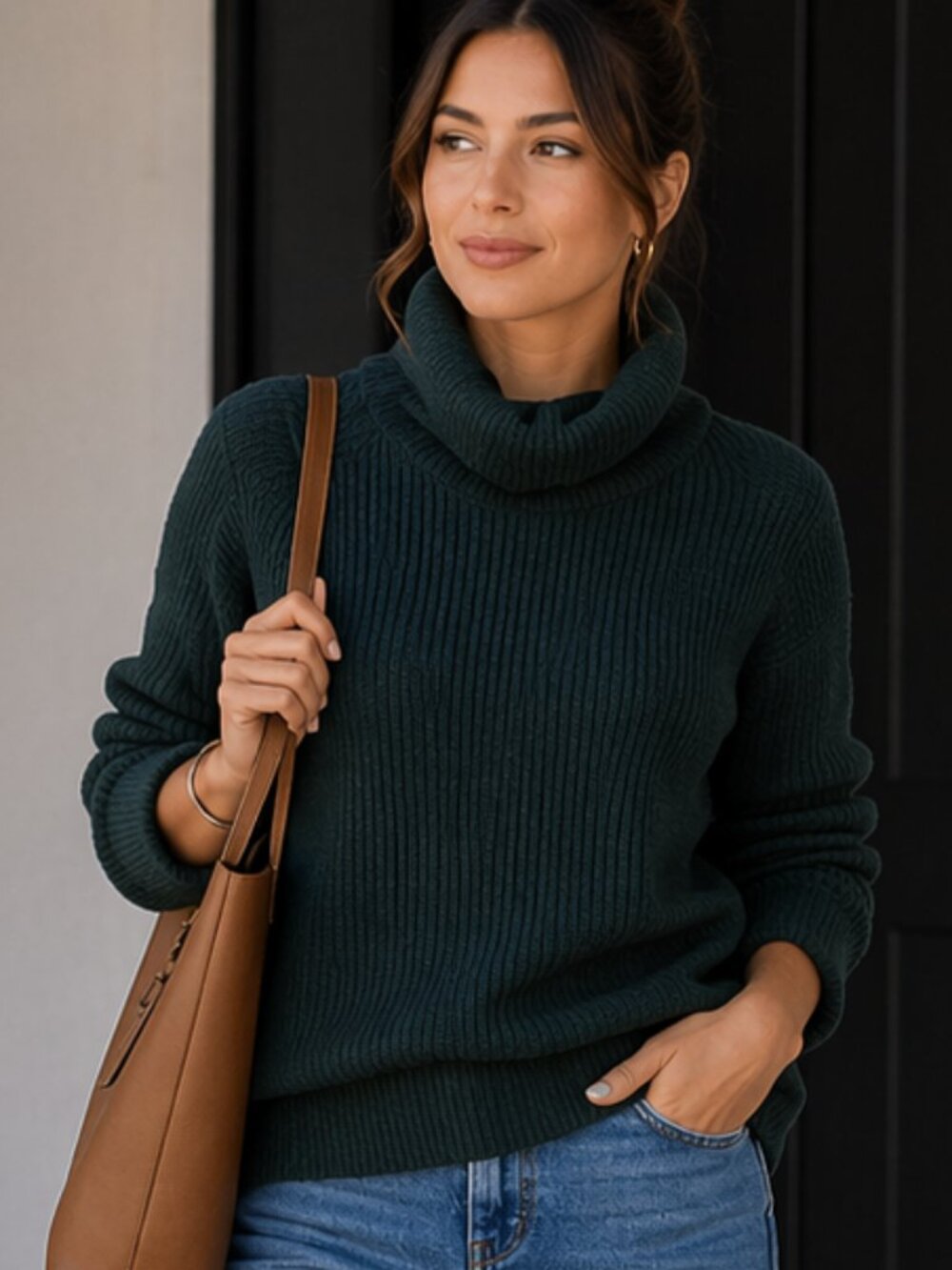 CAbi Cotton Cowl Neck Ruched Pullover Sweater Green S